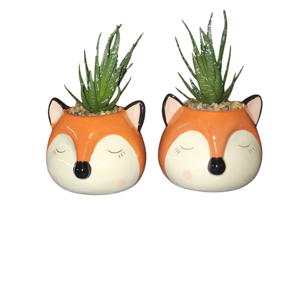 Cute Fox Planter Set with Faux Greenery Set Of Two